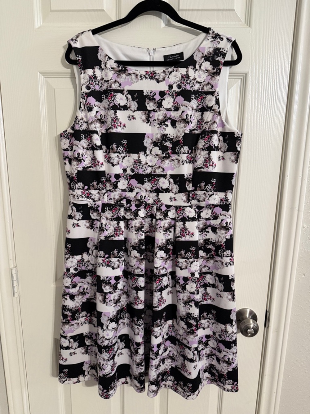 Tahari ASL Black, White & Lilac Floral Stripe Fit-and-Flare Dress
